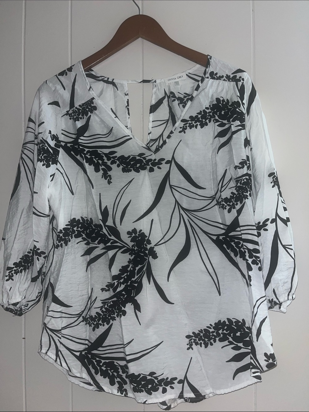 White & Black Floral V-Neck Women's Blouse